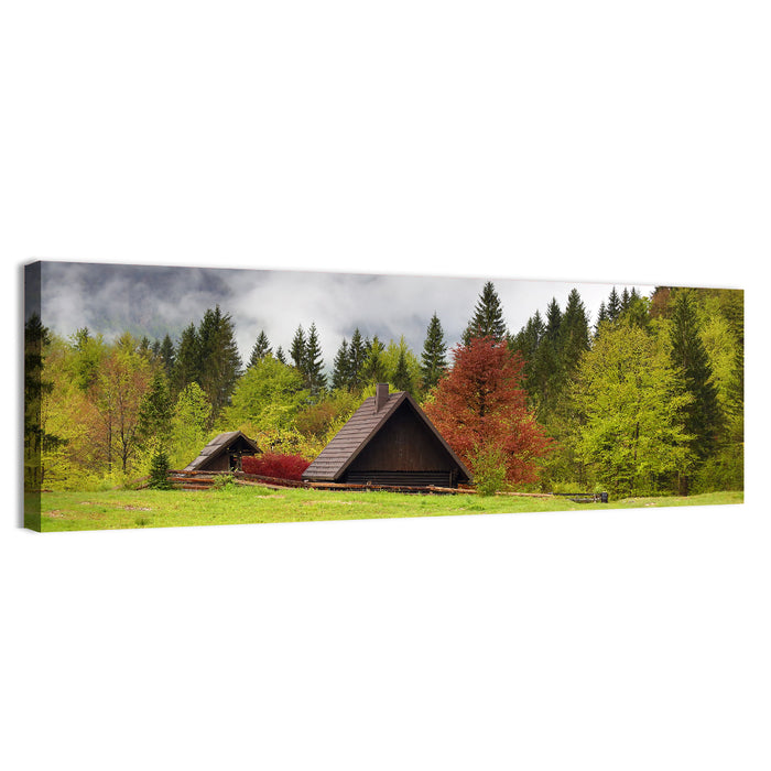 Slovenian Alps Cabin in Fog Wall Art as a canvas print