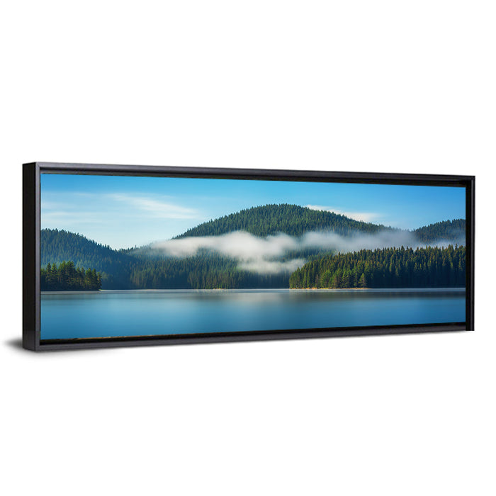 Misty Morning Over Mountain Lake Wall Art as a framed canvas