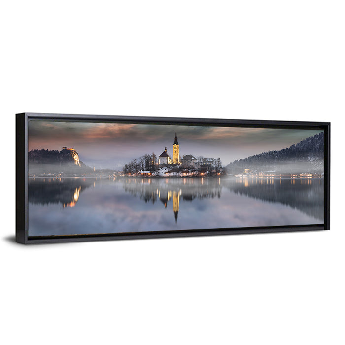 Lake Bled Misty Sunset Wall Art as a framed canvas