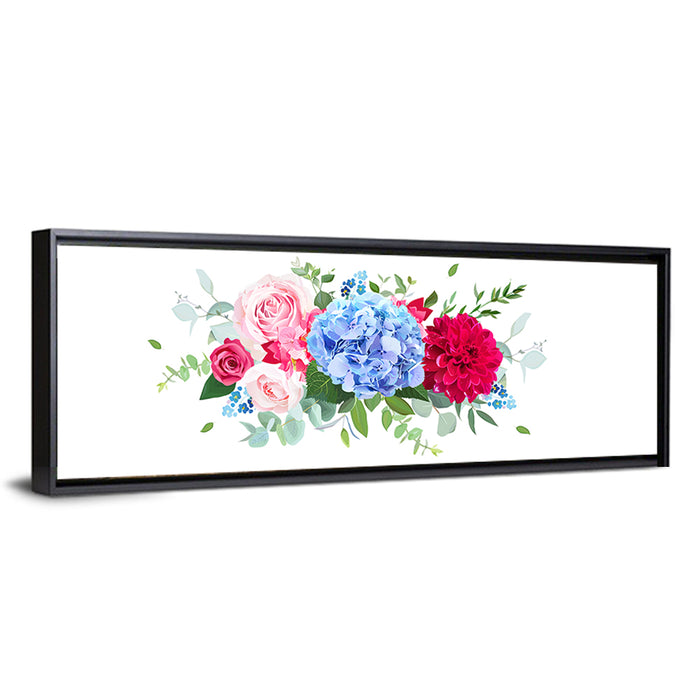 Summer Hydrangea, Dahlia and Rose Bouquet Wall Art as a framed canvas