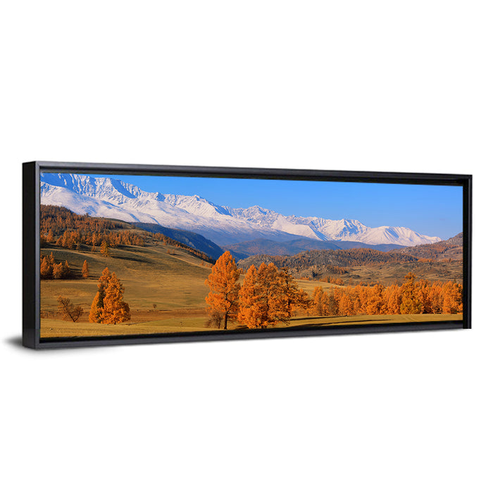 Altay Mountains with Golden Larches Wall Art as a framed canvas