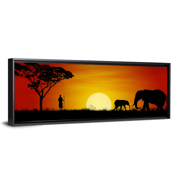 Massai Warrior and Elephants at Sunset Wall Art as a framed canvas