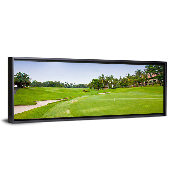 Sunny Putting Green with Palm Trees Wall Art as a framed canvas