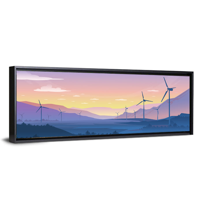 Dusk Wind Turbine Silhouettes Wall Art as a framed canvas