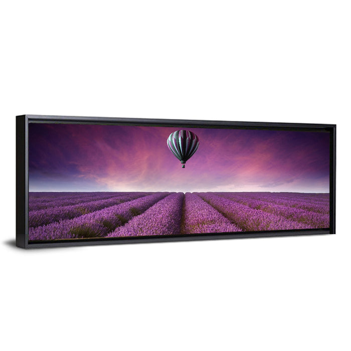 Hot Air Balloon Over Lavender Field Wall Art as a framed canvas