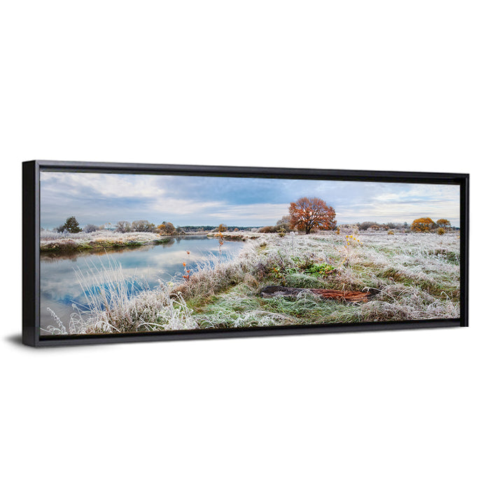 Frosted Autumn River Landscape Wall Art as a framed canvas