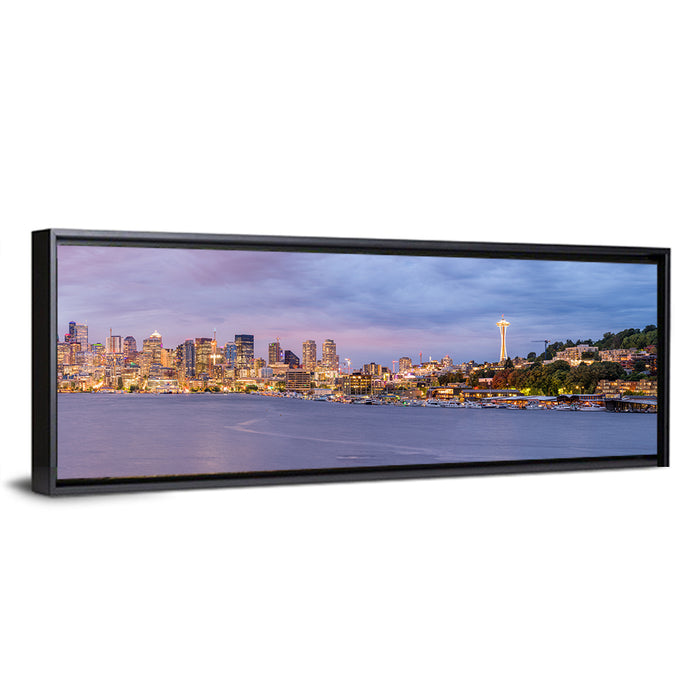 Seattle Skyline at Dusk Wall Art as a framed canvas