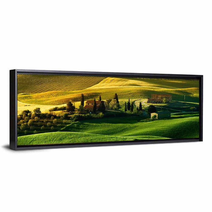 Tuscany Fields at Golden Hour Wall Art as a framed canvas