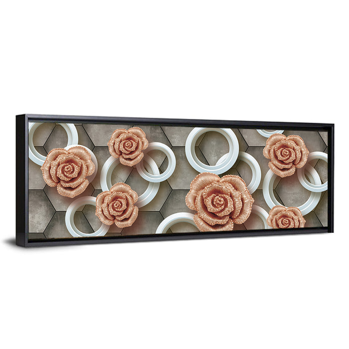 3d Rose Rings in Copper and Gold Wall Art as a framed canvas