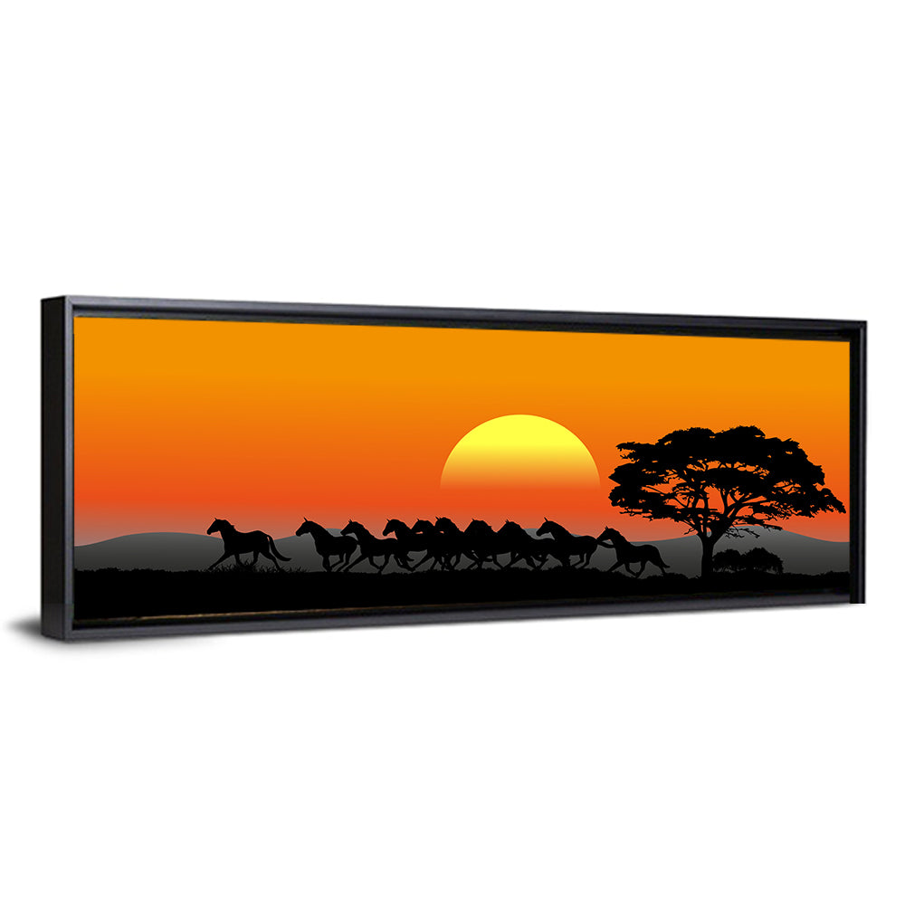 Horses Herd At Sunset Wall Art