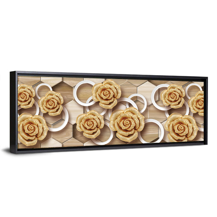 Gold Roses on Geometric Tiles Wall Art as a framed canvas