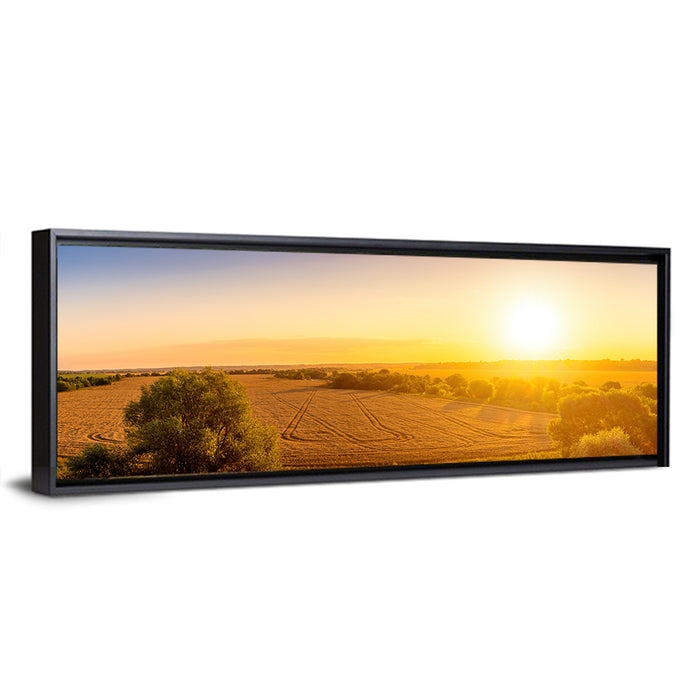 Golden Sunrise Over Wheat Field Wall Art as a framed canvas