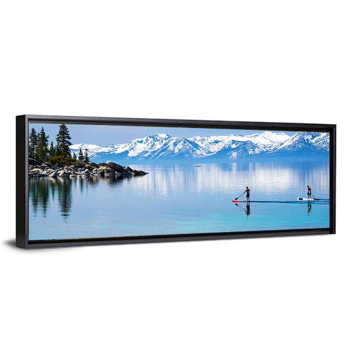Mountain Lake Paddleboarders Wall Art as a framed canvas
