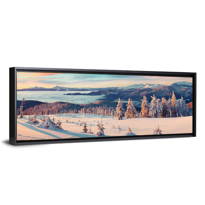 Snowy Alpine Sunset Wall Art as a framed canvas