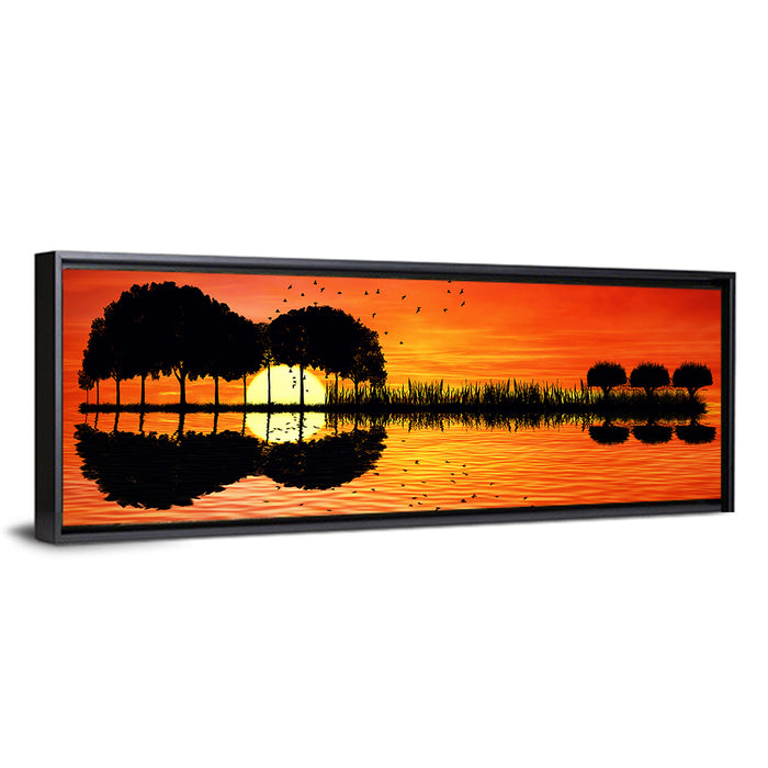 Sunset Trees and Lake Reflection Wall Art as a framed canvas