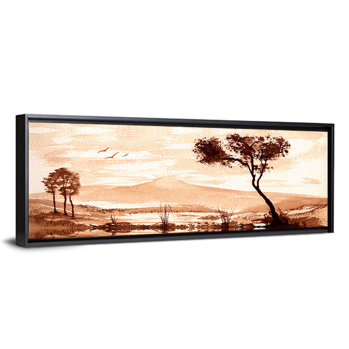 Sepia Lakeside Landscape Wall Art as a framed canvas