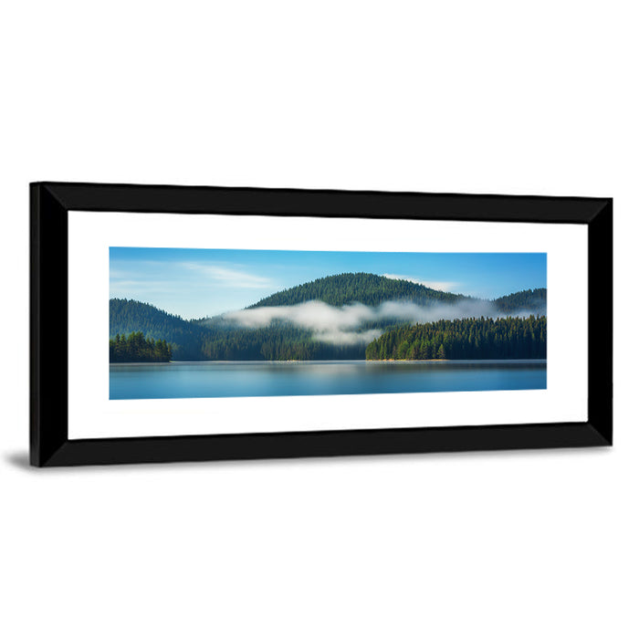Misty Morning Over Mountain Lake Wall Art as a framed print