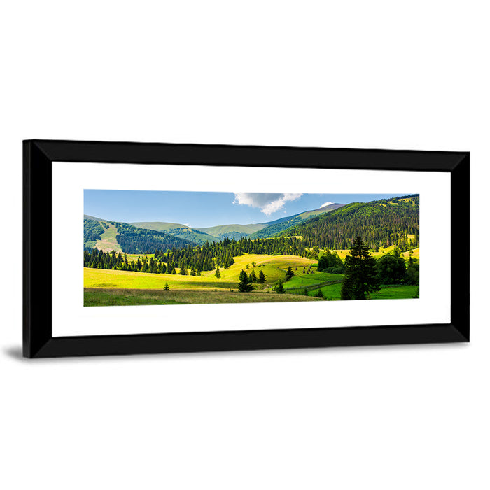 Sunlit Haystacks on Rolling Grassy Hills Wall Art as a framed print