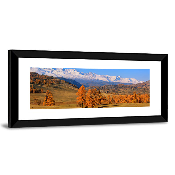 Altay Mountains with Golden Larches Wall Art as a framed print