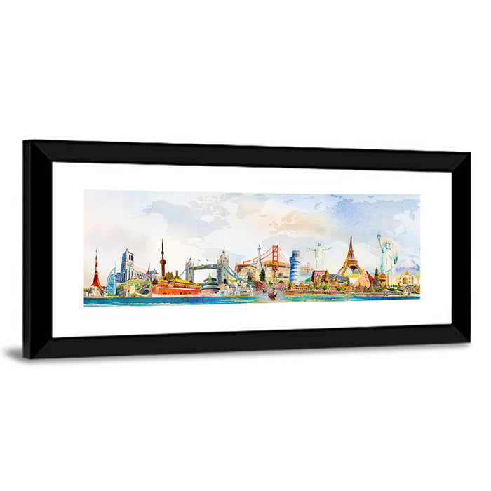 Watercolor World Landmarks Montage Wall Art as a framed print