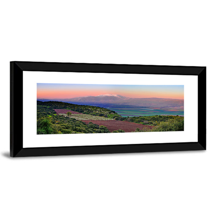 Mount Hermon Sunset Over Farmland Wall Art as a framed print