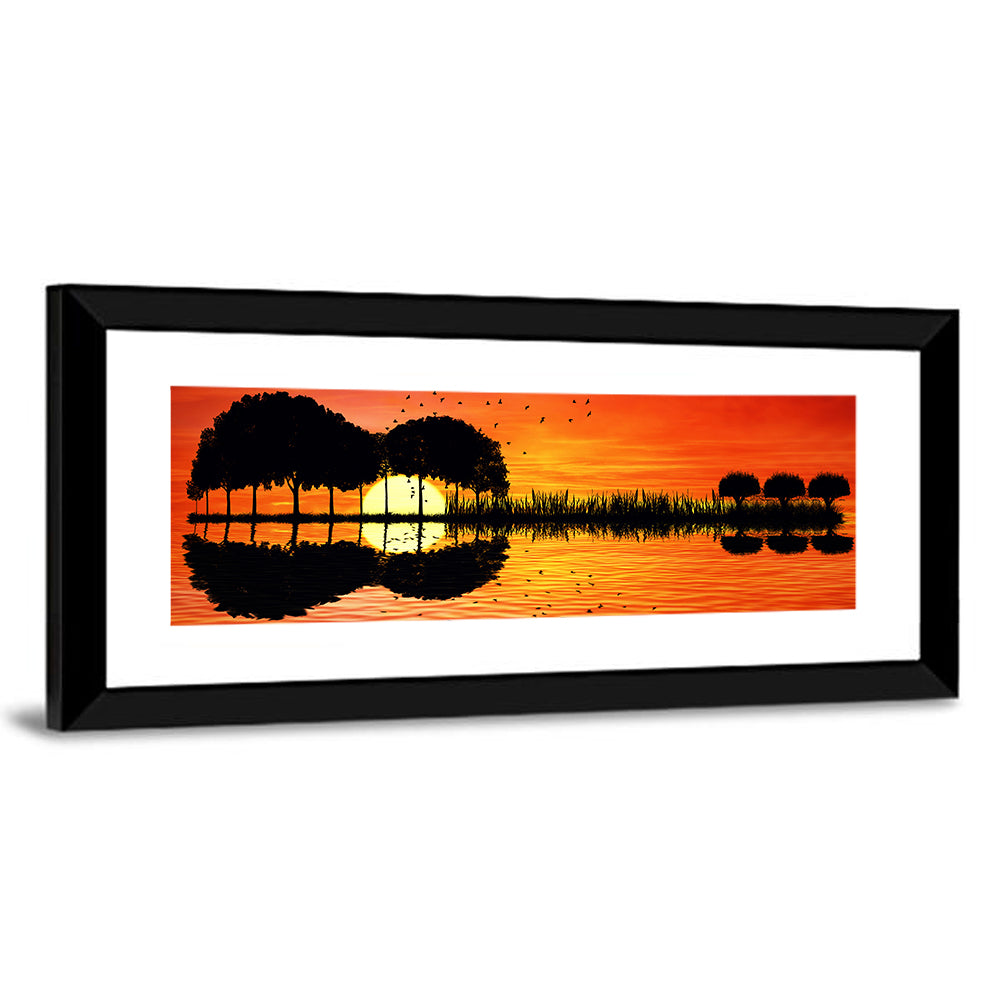 Trees Sunset On Lake Bank Wall Art