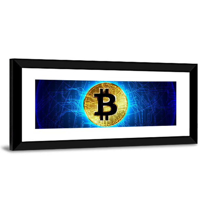 Golden Bitcoin Globe Wall Art as a framed print