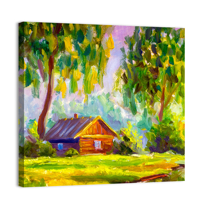 Impressionist Log Cabin in Green Forest Wall Art as a canvas print