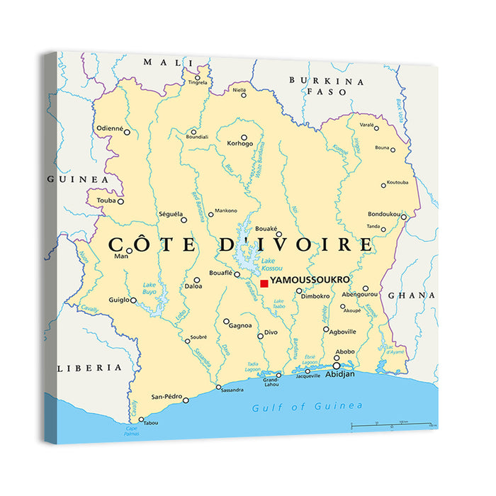 Côte D'ivoire Political Map Wall Art as a canvas print