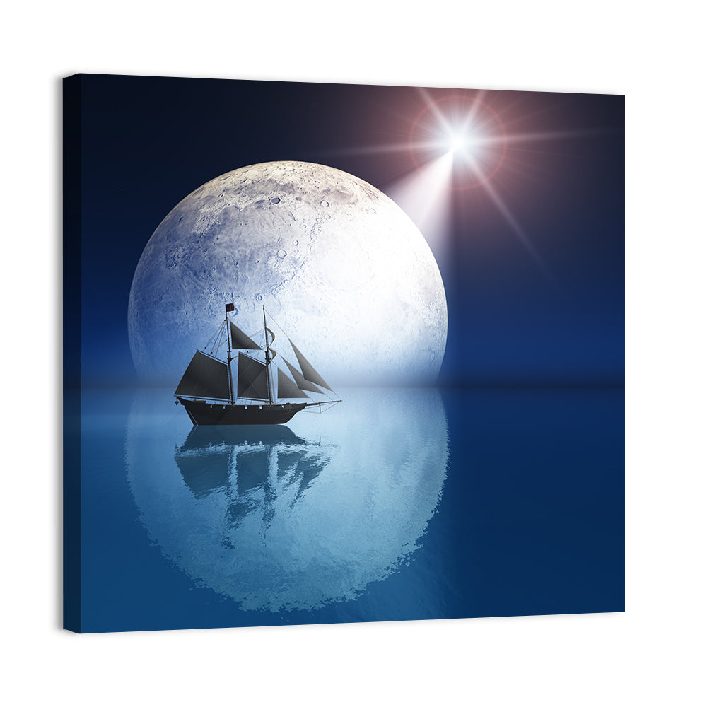 Moonlit Ship with Glowing Star Wall Art, canvas print, square