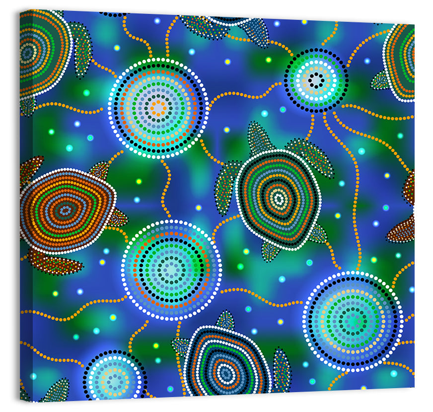 Dot Painted Sea Turtles and Jellyfish Pattern Wall Art, canvas print, square