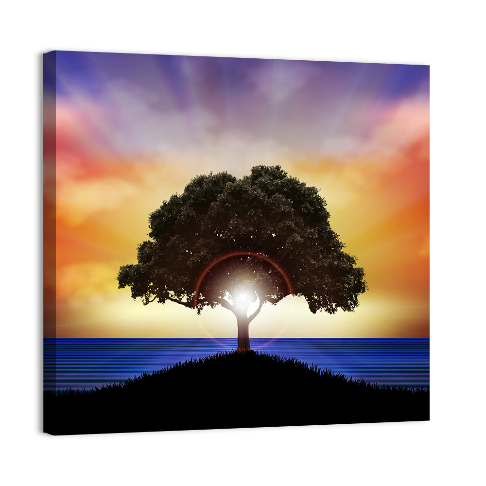Coastal Sunset Tree Silhouette Wall Art, canvas print, square