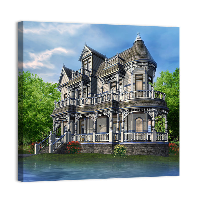Lakeside Victorian House Wall Art as a canvas print