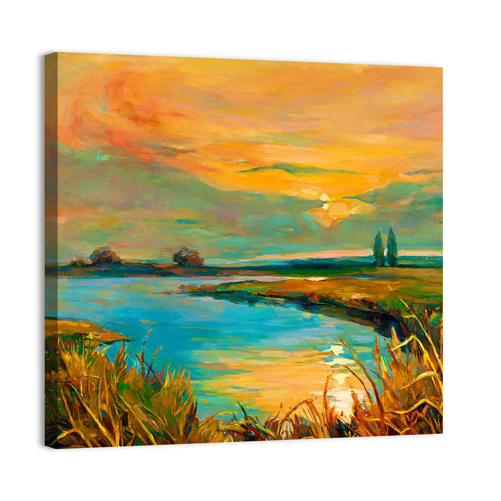 Rural Lake at Sunset Wall Art, canvas print, square