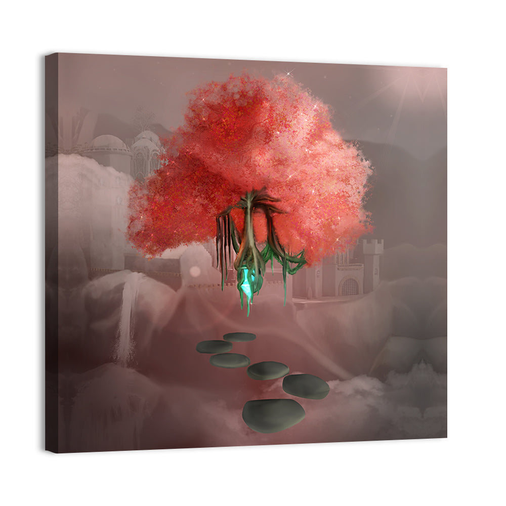 Floating Pink Tree Over Stone Path Wall Art, canvas print, square