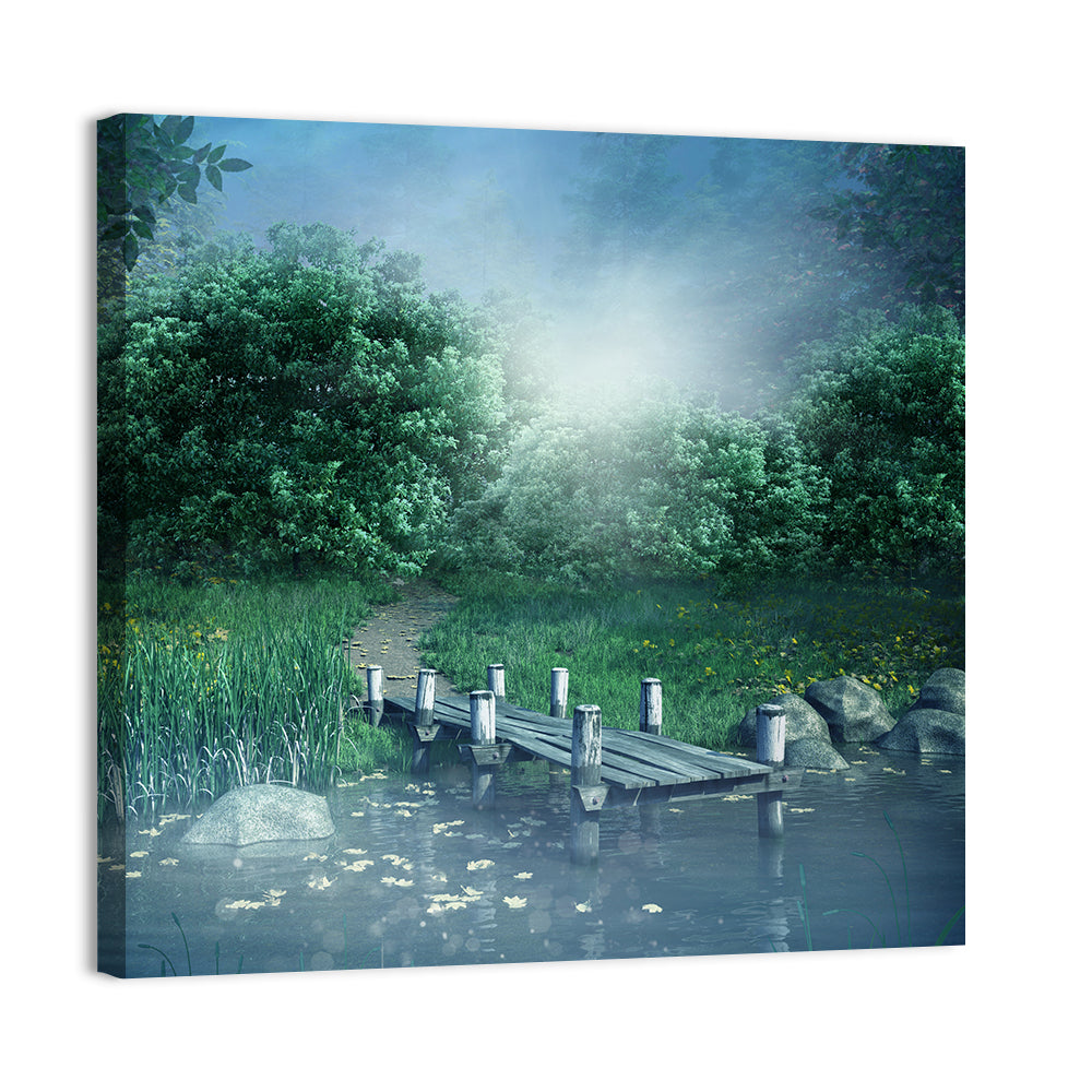 Misty Forest Lake with Wooden Bridge Wall Art, canvas print, square