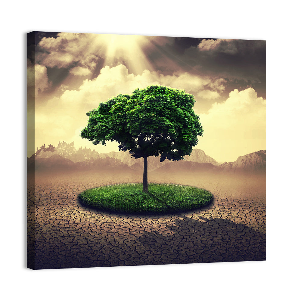 Circular Grass Oasis with Lone Tree Wall Art, canvas print, square