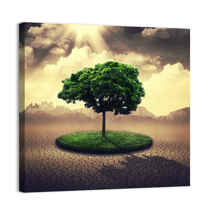 Circular Grass Oasis with Lone Tree Wall Art as a canvas print