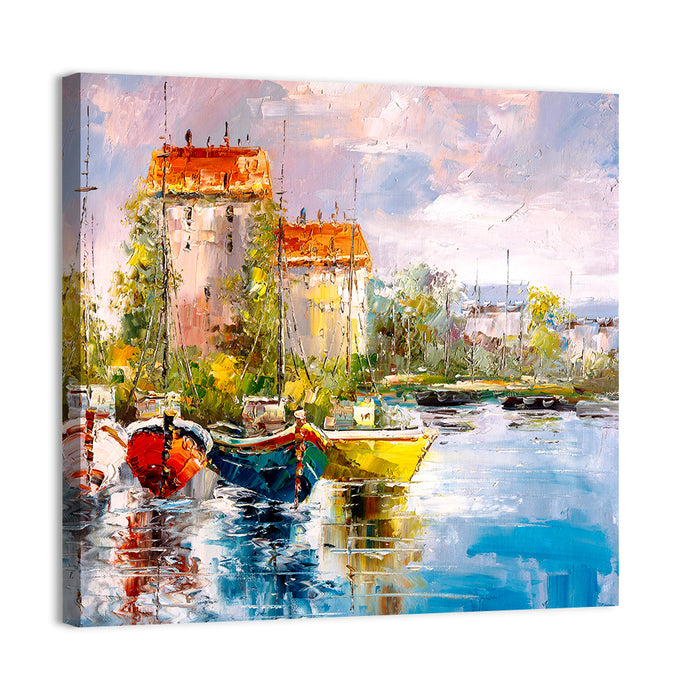 Impressionist Harbor with Colorful Boats Wall Art as a canvas print