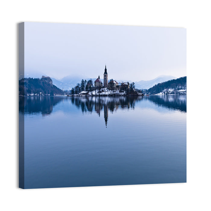 Bled Island Church in Winter Wall Art as a canvas print