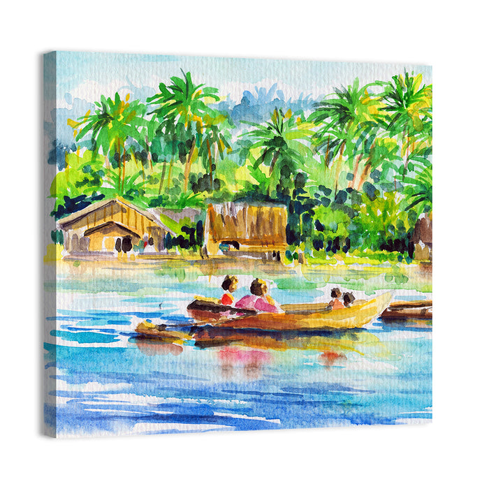 Boat in Tropical Village Wall Art as a canvas print