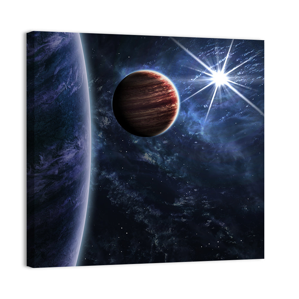 Blue Planet Closeup with Starburst Wall Art, canvas print, square