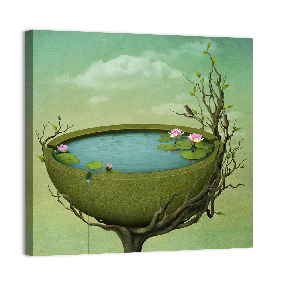 Surreal Tree Basin with Water Lilies Wall Art, canvas print, square