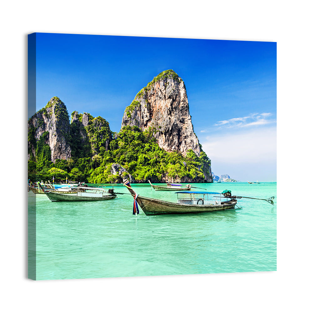 Railay Beach Long-tail Boats Wall Art, canvas print, square