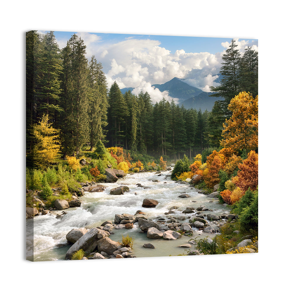 Autumn Mountain Stream with Rapids Wall Art, canvas print, square
