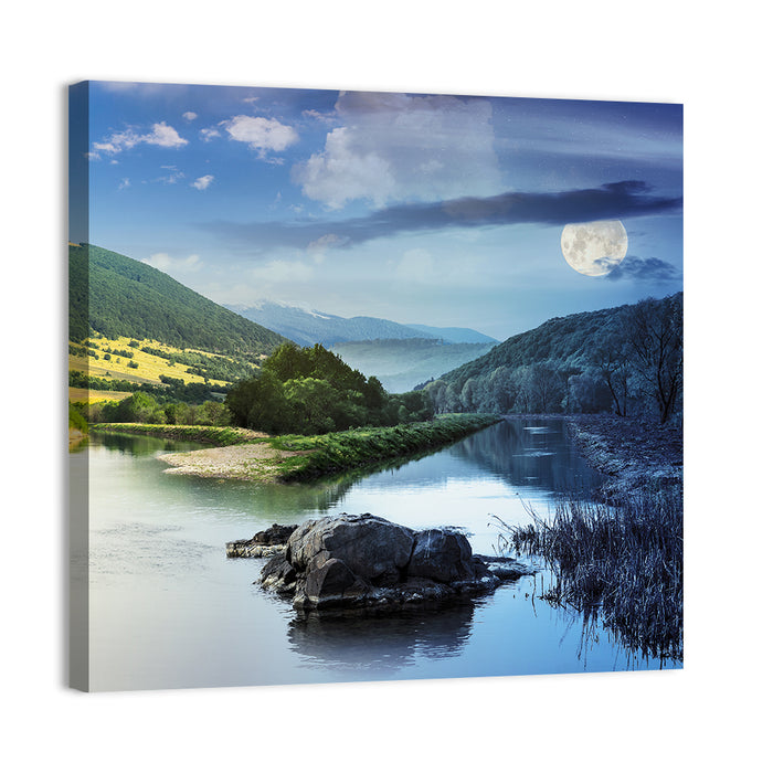 Moonlit Mountain River Wall Art as a canvas print
