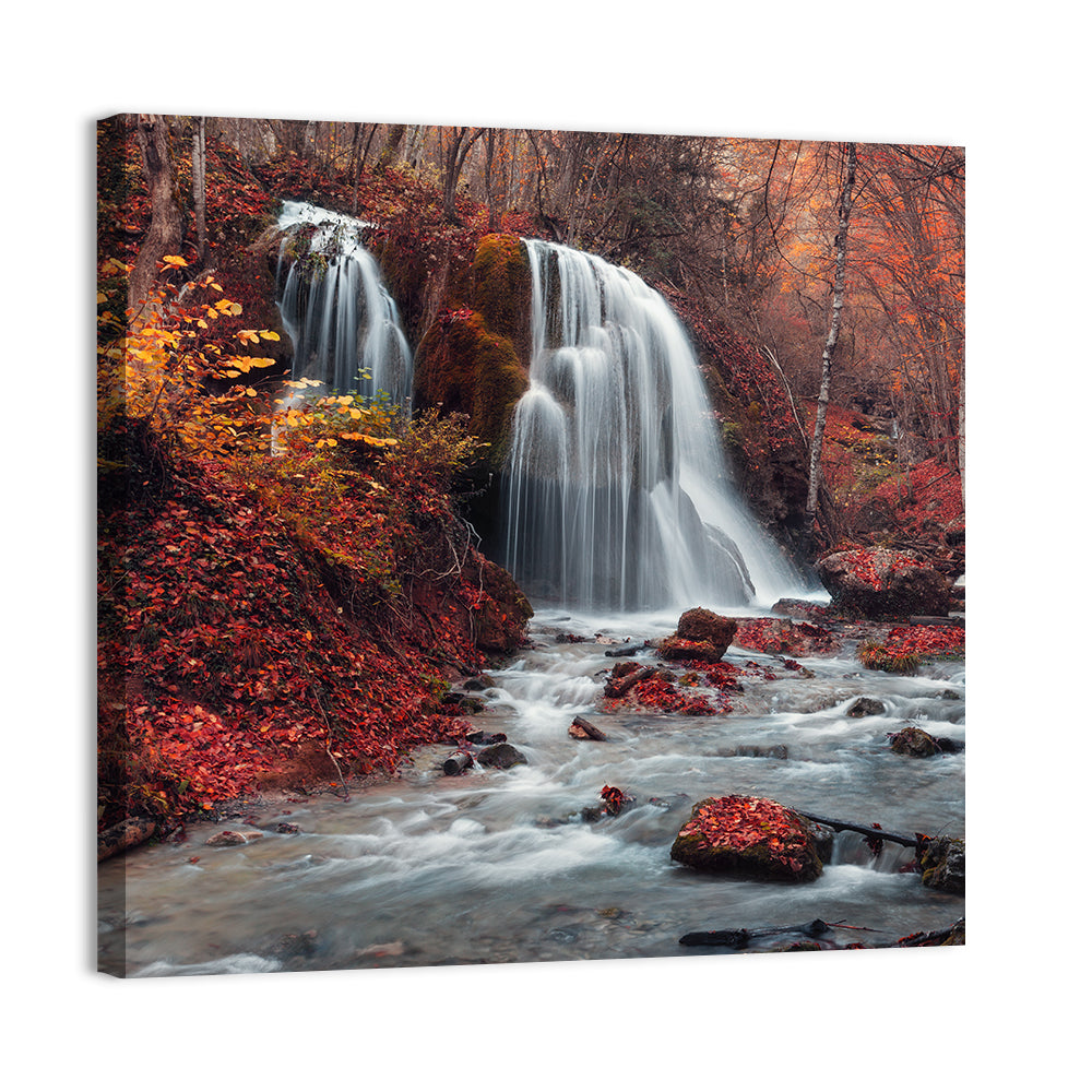 Dual Tier Autumn Forest Waterfall, Crimea Wall Art, canvas print, square