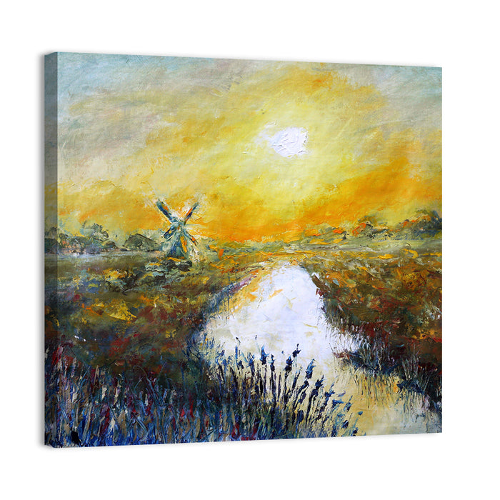 Windmill at Sunrise Over River Wall Art as a canvas print