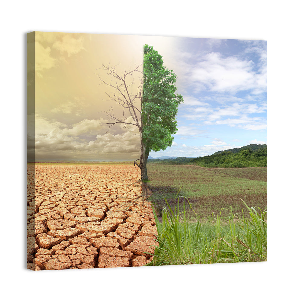 Split Landscape with Half-alive Tree Wall Art, canvas print, square