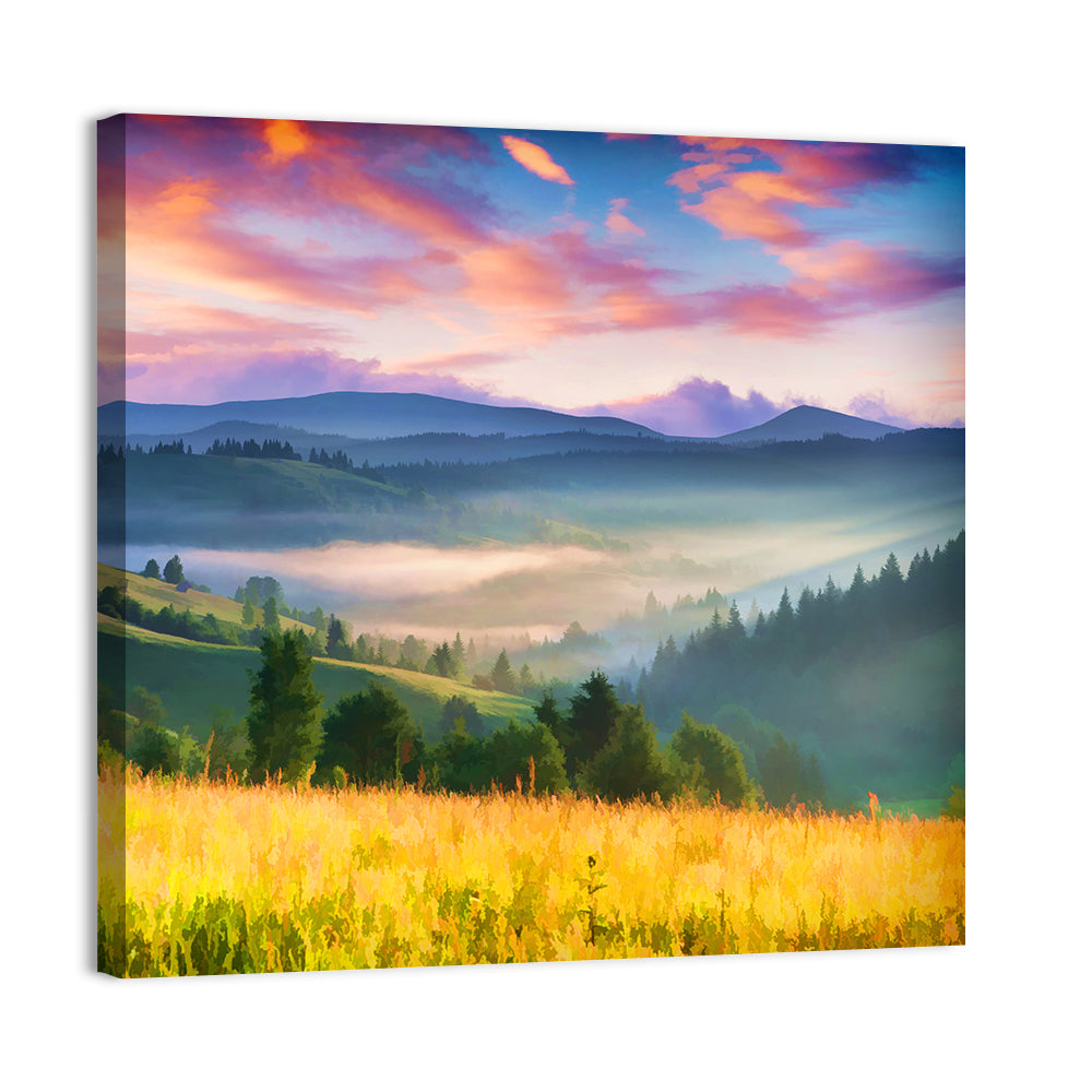 Sunrise Mist Over Mountain Meadow Wall Art, canvas print, square